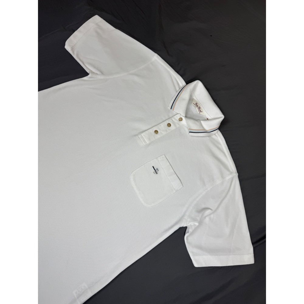Vintage Troy Bros White Short Sleeve Polo Shirt Striped Collar Mens Medium - Picture 10 of 13
